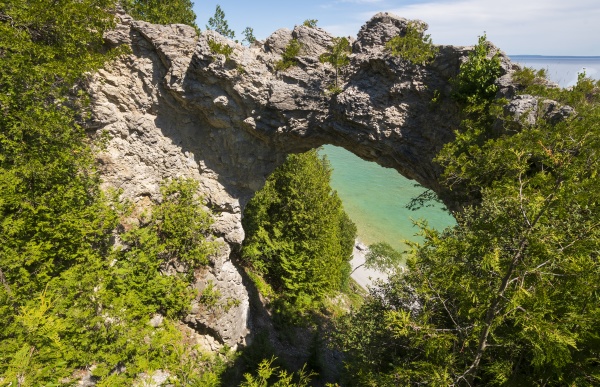 limestone arch high above the lake