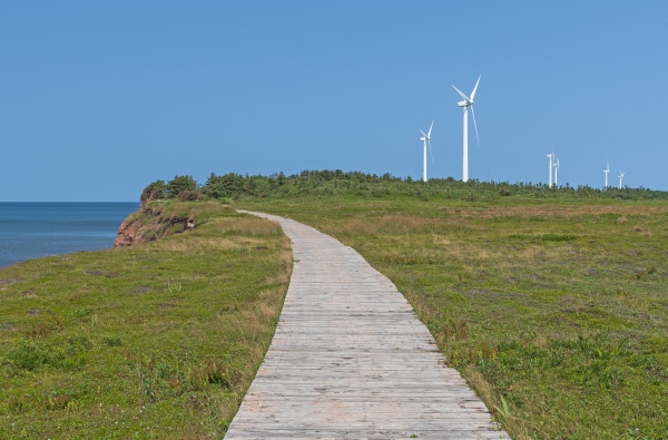 wind farm along a coatal boardwalk
