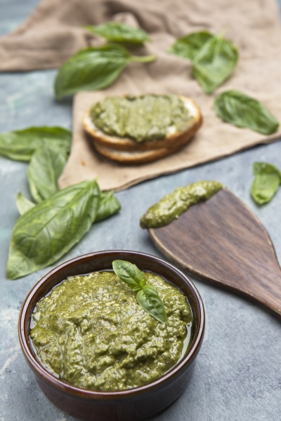 bowl of pesto with basil and