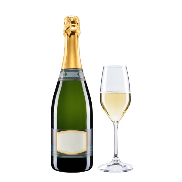champagne bottle with goblet on white