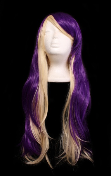 purple and blond wig on black