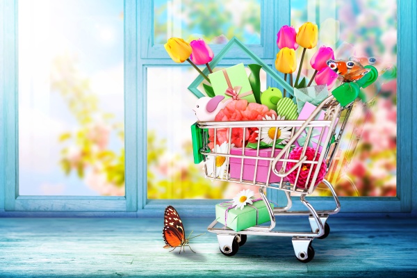 mini shopping cart with colorful flowers