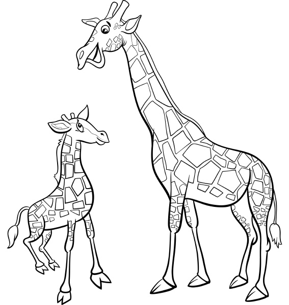 cartoon baby giraffe with mother coloring book page - Stock image ...