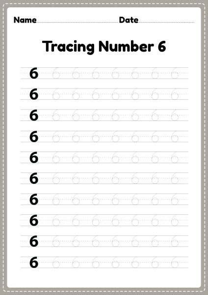 tracing number 6 worksheet for kindergarten