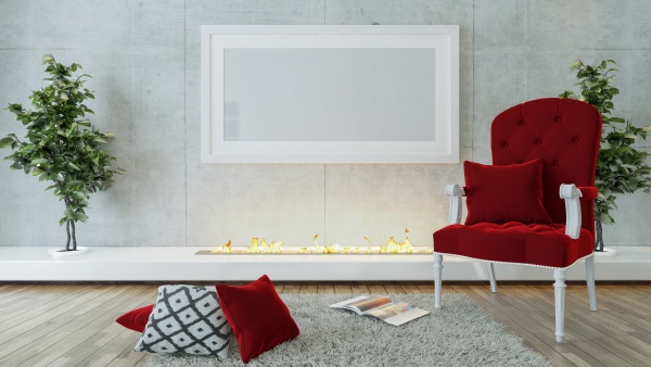 red single seat and modern fireplace