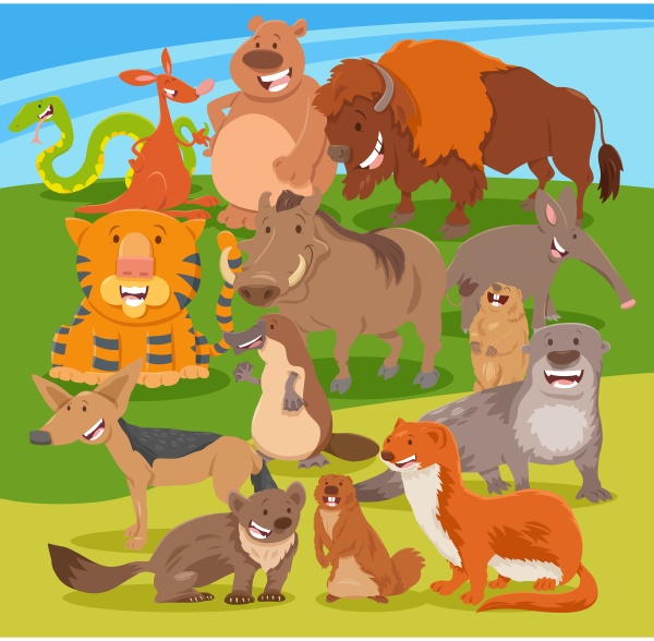 happy cartoon wild animals characters group