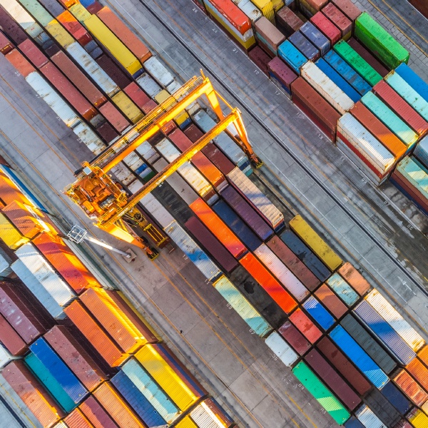 aerial view of shipping container port