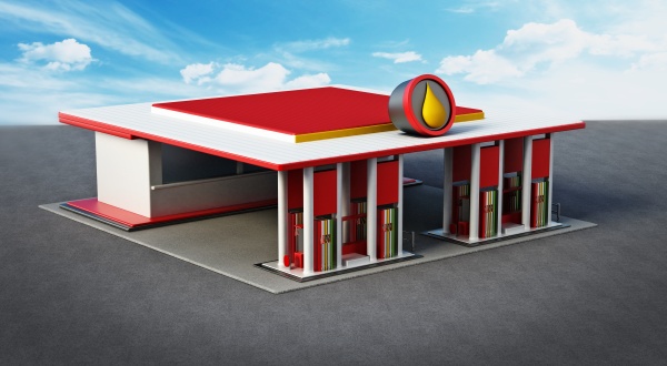 gas station painted with red and