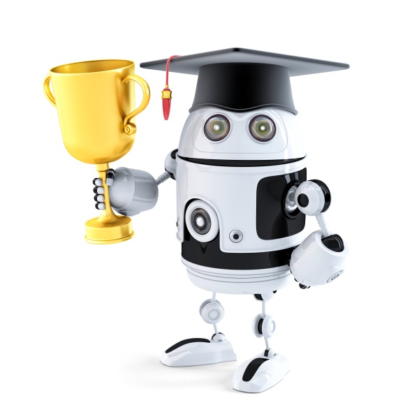 student robot holding a trophy