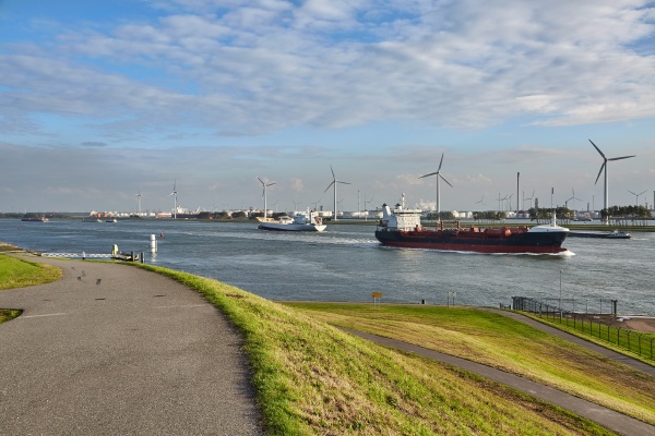 industrial ship leaving rotterdam