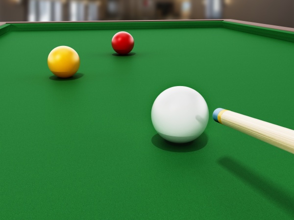 billiards table balls and cue