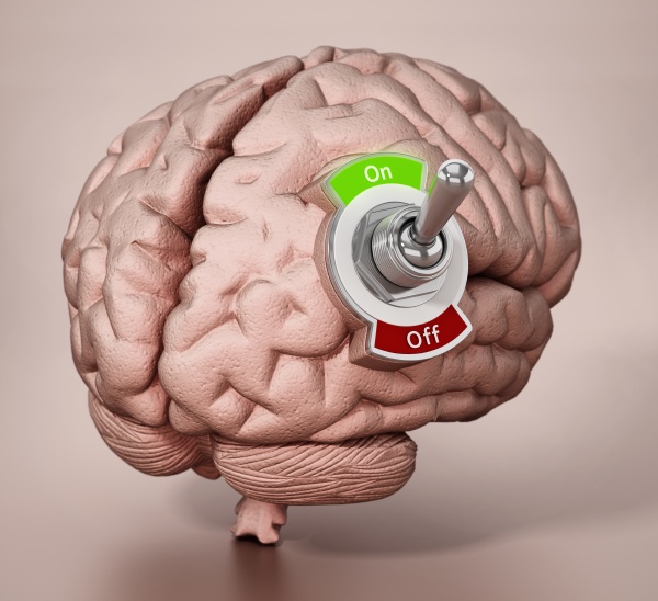 human brain with on off button