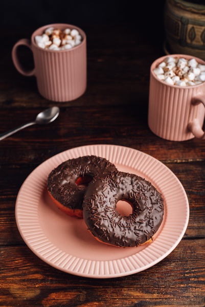 chocolate donuts and hot chocolate with
