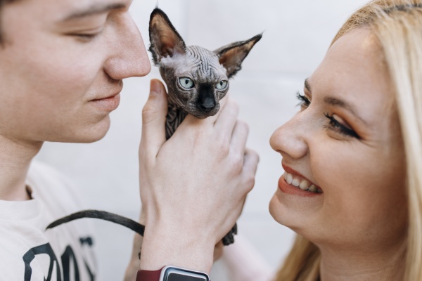 smiling young couple with kitten