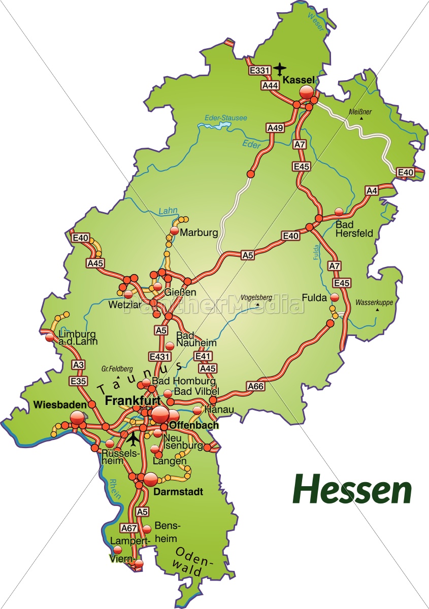 island map of hesse with transport network in bunt - Stock Photo ...