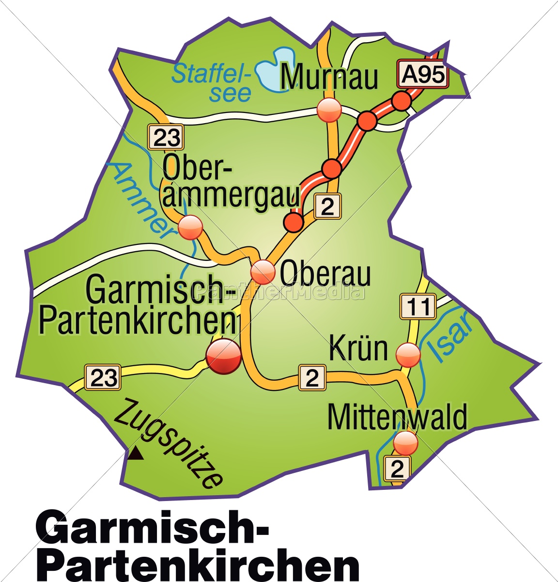 Royalty free map of Garmisch-Partenkirchen with transport details