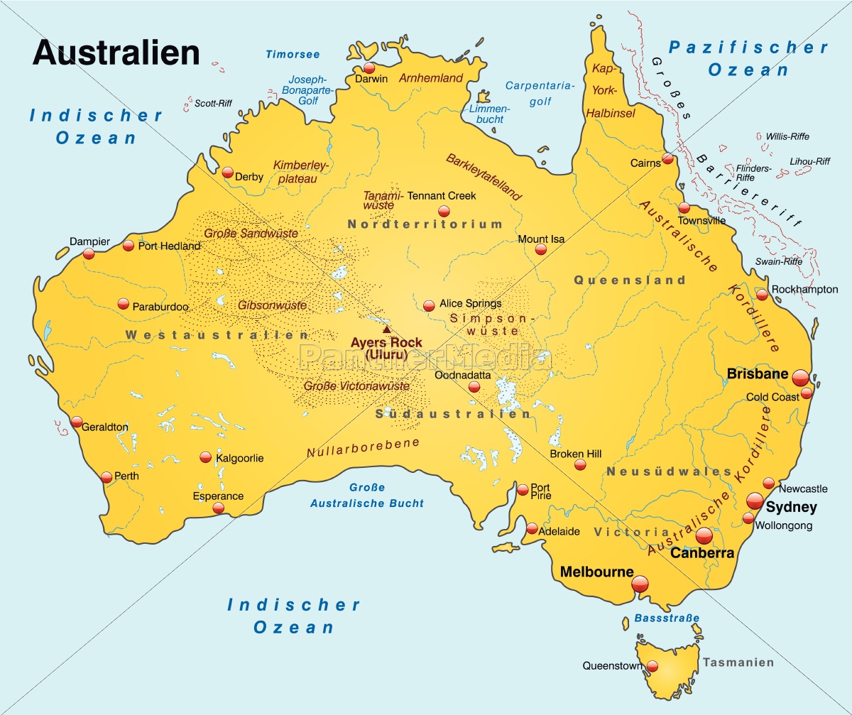 australien kort Map Of Australia As An Overview Map In Yellow Stock Photo 10655047 Panthermedia Stock Agency australien kort