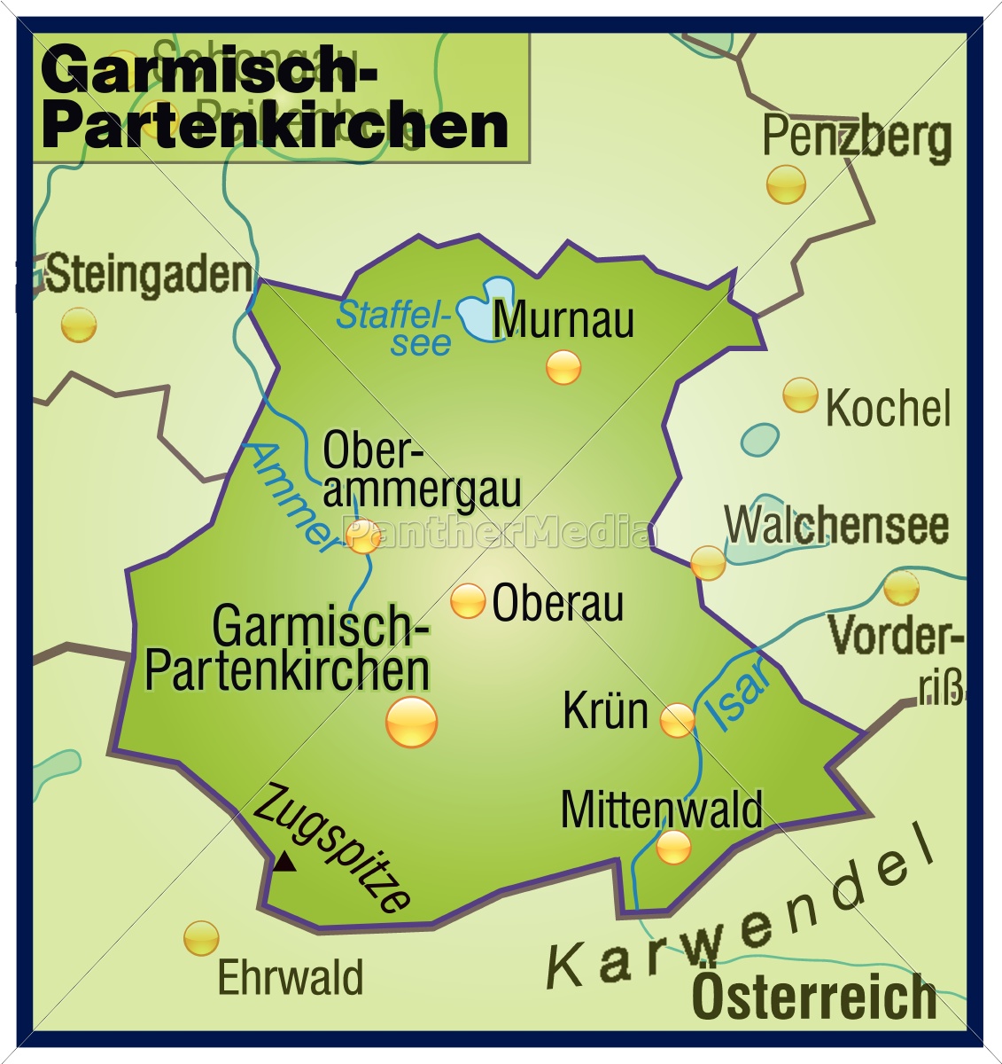 Overview map of Garmisch-Partenkirchen showcasing the region in green