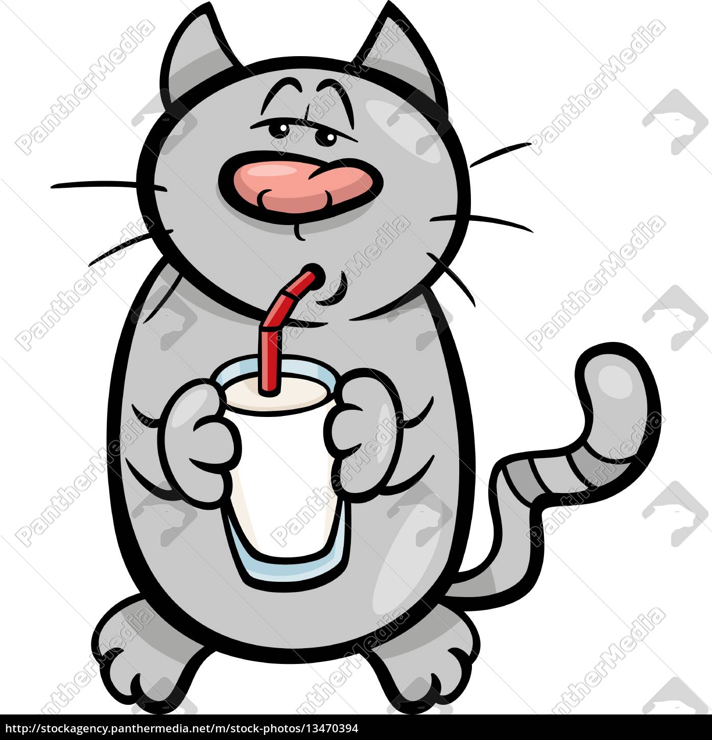 cat drink milk cartoon illustration - Stock image - #13470394