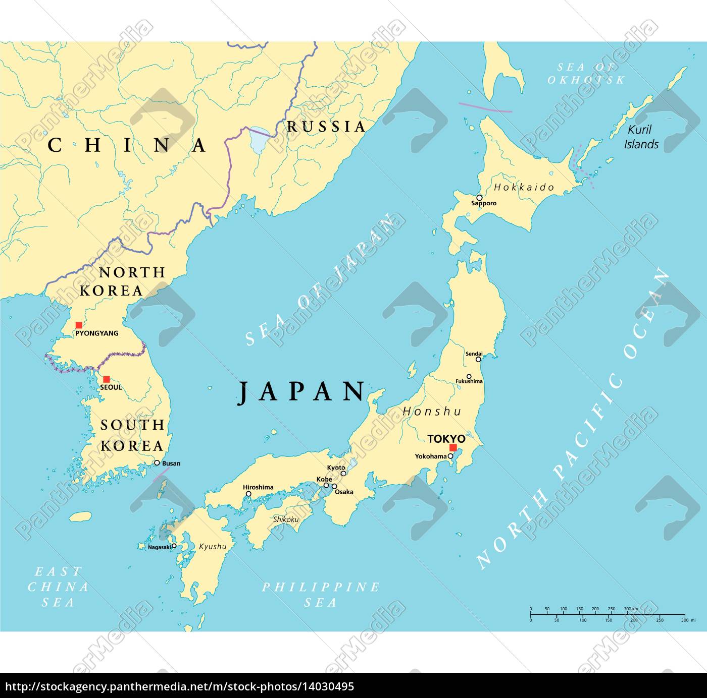 Japan North Korea And South Korea Political Map - Stock Photo