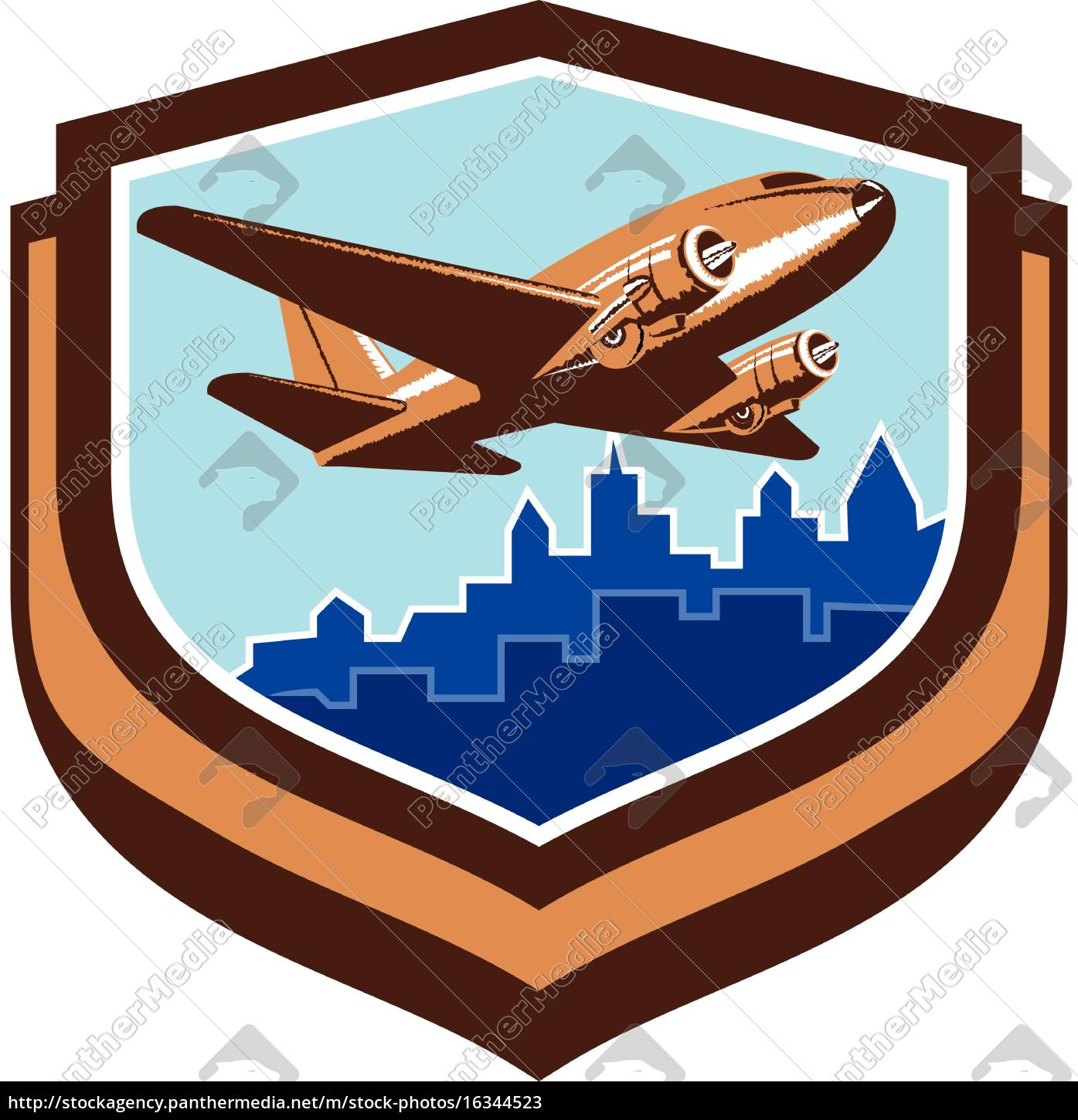 Vintage airplane take off cityscape shield retro stock photo