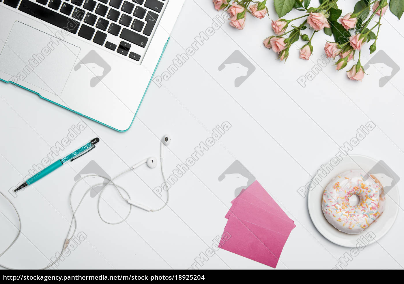 Office Desk Table With Computer Supplies Flowers Royalty Free