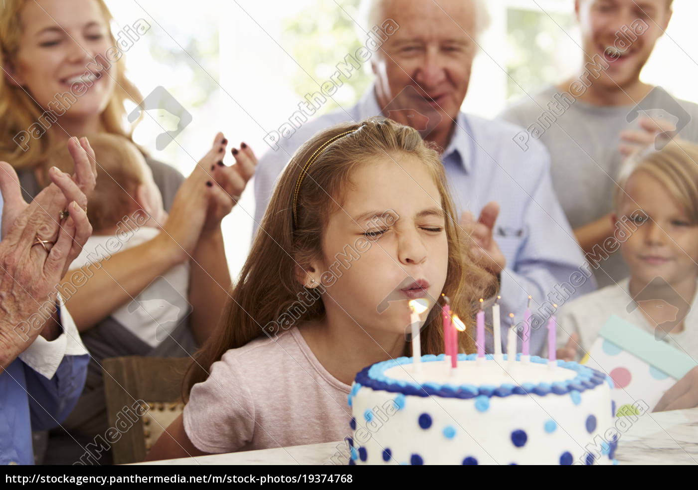 Girl Blows Out Birthday Cake Candles At Family Party Royalty Free Photo Panthermedia Stock Agency