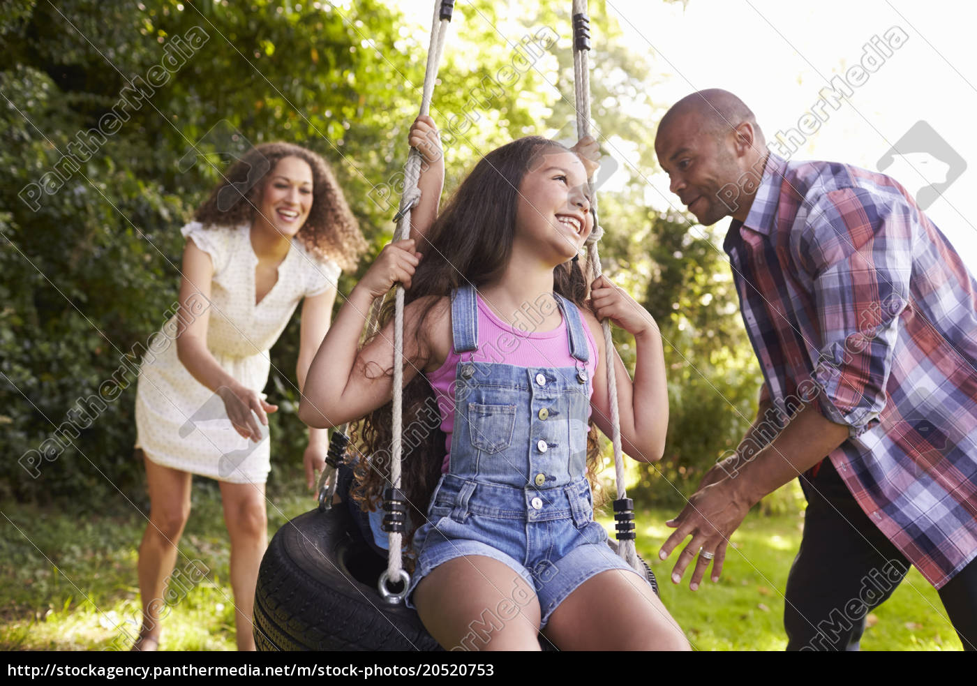 Parents Pushing Children On Tire Swing In Garden Royalty Free Image 5753 Panthermedia Stock Agency