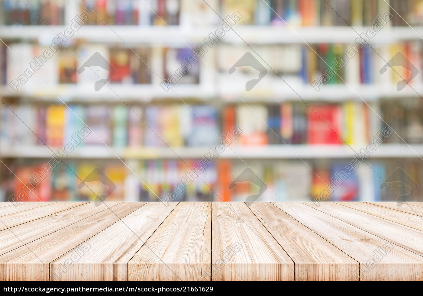 Empty Wooden Table Top With Blur Bookshelves In Royalty Free Image Panthermedia Stock Agency