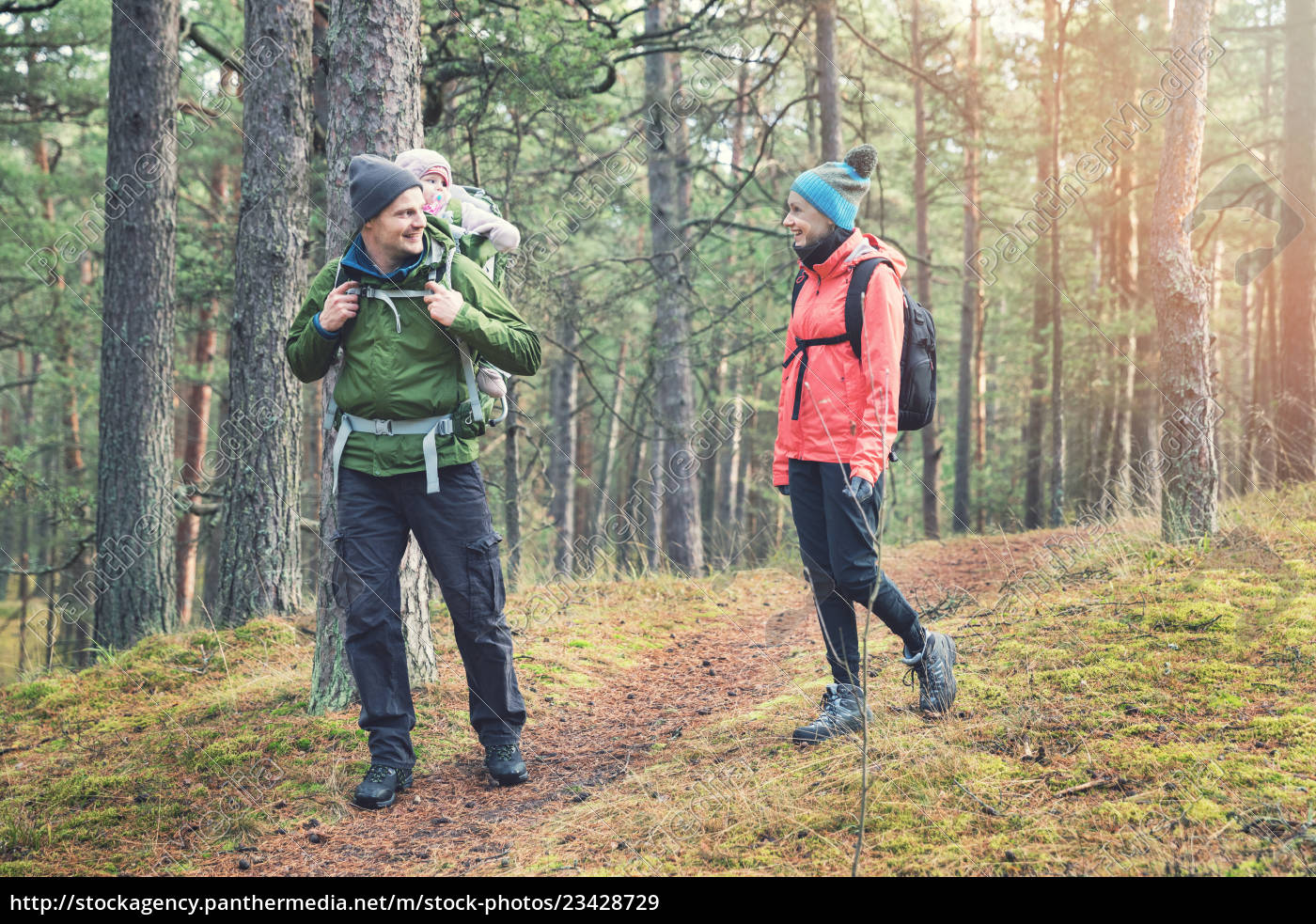 Stock Photo 23428729 Family Hiking In The Forest With Baby In Child Carrier