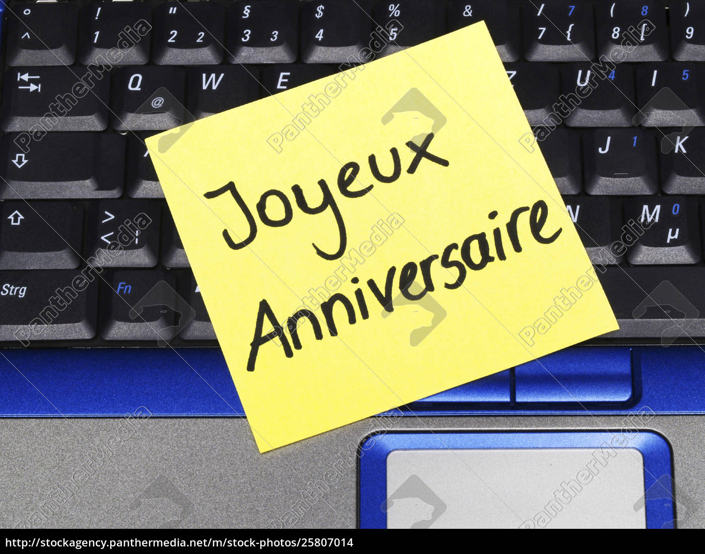 Memo Note On Notebook Joyeux Anniversaire Happy Royalty Free Image Panthermedia Stock Agency