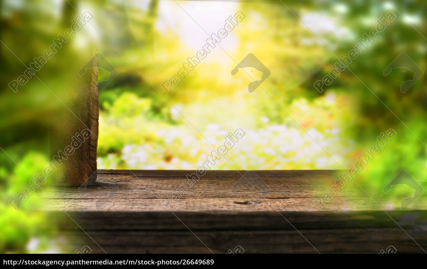 Wooden Table With Sunny Garden Background Stock Photo